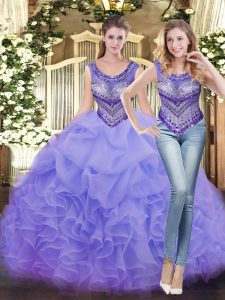 Lavender Ball Gowns Scoop Sleeveless Tulle Floor Length Lace Up Beading and Ruffles Sweet 16 Quinceanera Dress