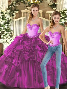 Custom Made Fuchsia Lace Up Sweetheart Ruffles 15th Birthday Dress Organza Sleeveless