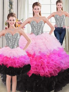 Multi-color Three Pieces Organza Sweetheart Sleeveless Beading and Ruffles Floor Length Lace Up 15 Quinceanera Dress