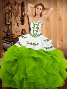 Floor Length Quinceanera Dress Satin and Organza Sleeveless Embroidery and Ruffles