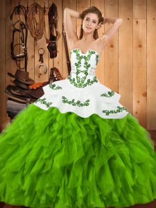 Colorful Floor Length Quinceanera Gown Satin and Organza Sleeveless Embroidery and Ruffles