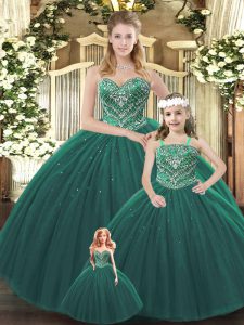 Vintage Dark Green Lace Up Sweetheart Beading Ball Gown Prom Dress Tulle Sleeveless