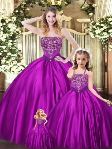 Suitable Eggplant Purple Strapless Lace Up Beading Sweet 16 Dresses Sleeveless