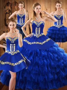 Cheap Blue Ball Gowns Tulle Sweetheart Sleeveless Embroidery and Ruffled Layers Floor Length Lace Up Quinceanera Gown