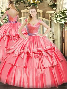 Beading and Ruffled Layers Vestidos de Quinceanera Hot Pink Zipper Sleeveless Floor Length