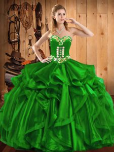 Green Sweetheart Neckline Embroidery and Ruffles Ball Gown Prom Dress Sleeveless Lace Up