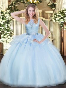 Smart Lavender Ball Gowns Lace Sweet 16 Dresses Backless Organza Sleeveless Floor Length