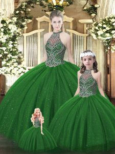 Attractive Halter Top Sleeveless 15th Birthday Dress Floor Length Beading Dark Green Tulle