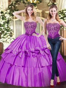 Charming Eggplant Purple Tulle Lace Up Strapless Sleeveless Floor Length Quinceanera Dress Beading and Ruffled Layers