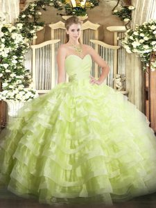 Fancy Sleeveless Organza Floor Length Lace Up Sweet 16 Dress in Yellow Green with Beading and Ruffled Layers