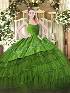 Olive Green Zipper Straps Embroidery and Ruffled Layers Quinceanera Gown Organza and Taffeta Sleeveless