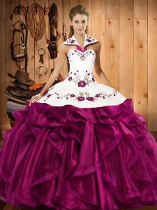 Sleeveless Organza Floor Length Lace Up Vestidos de Quinceanera in Fuchsia with Embroidery and Ruffles
