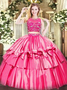 Tulle Scoop Sleeveless Zipper Beading and Ruffled Layers Sweet 16 Quinceanera Dress in Hot Pink