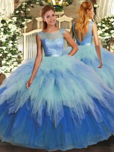 Deluxe Scoop Sleeveless Tulle Ball Gown Prom Dress Ruffles Backless