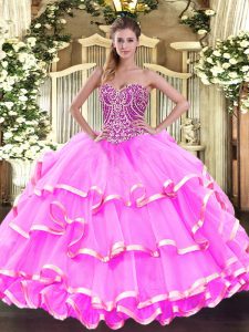 Perfect Sleeveless Floor Length Beading and Ruffled Layers Lace Up Quinceanera Gowns with Rose Pink