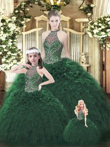 Dark Green Ball Gowns Organza Halter Top Sleeveless Beading and Ruffles Floor Length Lace Up Quince Ball Gowns