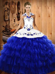 Extravagant Sleeveless Organza Floor Length Lace Up Sweet 16 Dresses in Royal Blue with Embroidery and Ruffled Layers