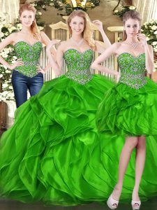 Admirable Green Sleeveless Beading and Ruffles Floor Length 15th Birthday Dress