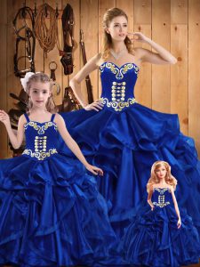Embroidery and Ruffles Ball Gown Prom Dress Royal Blue Lace Up Sleeveless Floor Length