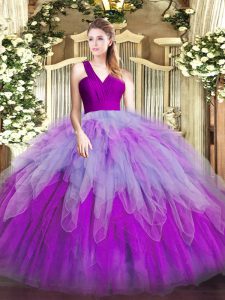 Discount Multi-color Ball Gowns V-neck Sleeveless Organza Floor Length Zipper Ruffles Vestidos de Quinceanera