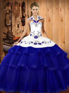 Modest Royal Blue Quinceanera Gown Military Ball and Sweet 16 and Quinceanera with Embroidery and Ruffled Layers Halter Top Sleeveless Sweep Train Lace Up