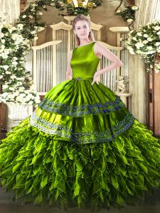 Olive Green Satin and Organza Zipper Scoop Sleeveless Floor Length 15th Birthday Dress Ruffles