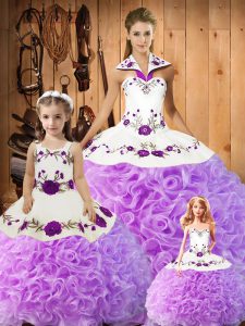 Lilac Satin and Fabric With Rolling Flowers Lace Up Halter Top Sleeveless Floor Length Quinceanera Dresses Embroidery