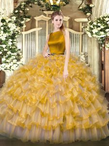 Sweet Sleeveless Organza Floor Length Clasp Handle Ball Gown Prom Dress in Gold with Ruffled Layers