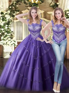 Custom Design Scoop Sleeveless 15 Quinceanera Dress Floor Length Beading Purple Tulle