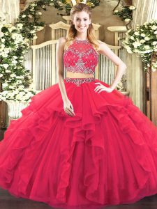 Simple Sleeveless Tulle Floor Length Zipper Sweet 16 Dresses in Coral Red with Beading and Ruffles