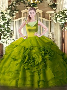 Scoop Sleeveless Side Zipper Quinceanera Gown Olive Green Organza