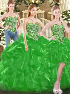 On Sale Green Tulle Lace Up Sweetheart Sleeveless Floor Length Sweet 16 Dress Beading and Ruffles