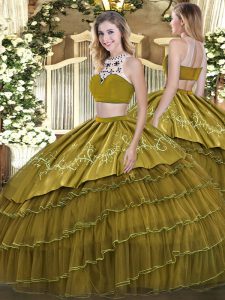 Simple Olive Green Two Pieces High-neck Sleeveless Tulle Floor Length Backless Beading and Embroidery and Ruffled Layers Quince Ball Gowns