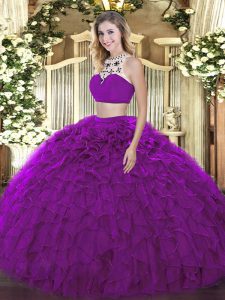 Custom Made Tulle Halter Top Sleeveless Backless Beading and Ruffles Sweet 16 Dress in Purple