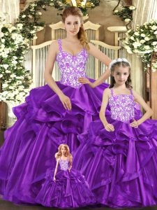 Low Price Ball Gowns Quinceanera Dresses Purple Straps Organza Sleeveless Floor Length Lace Up