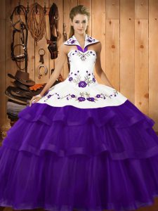 Modern Purple Quinceanera Dress Military Ball and Sweet 16 and Quinceanera with Embroidery and Ruffled Layers Halter Top Sleeveless Sweep Train Lace Up