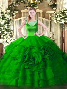 On Sale Green Zipper Scoop Beading and Ruffled Layers Ball Gown Prom Dress Organza Sleeveless
