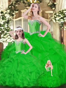 Traditional Sweetheart Sleeveless Quinceanera Gown Floor Length Ruffles Green Organza