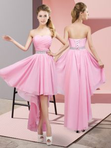 Sumptuous Beading Court Dresses for Sweet 16 Pink Lace Up Sleeveless High Low