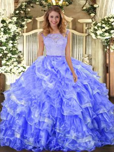 Elegant Blue Scoop Clasp Handle Lace and Ruffled Layers 15th Birthday Dress Sleeveless
