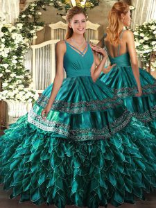 Hot Sale Floor Length Zipper Vestidos de Quinceanera Teal for Sweet 16 and Quinceanera with Beading and Ruffles
