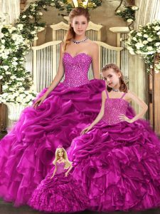 Glorious Organza Sweetheart Sleeveless Lace Up Beading and Ruffles Quinceanera Dresses in Fuchsia