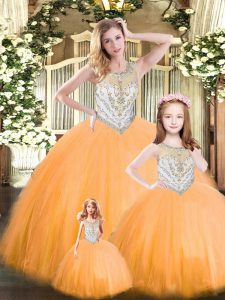 Sophisticated Tulle Scoop Sleeveless Lace Up Beading 15th Birthday Dress in Orange Red