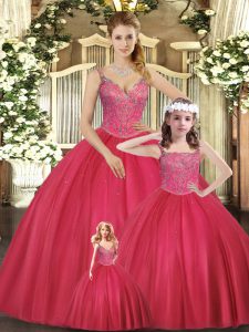Hot Pink Lace Up Straps Beading Vestidos de Quinceanera Tulle Sleeveless