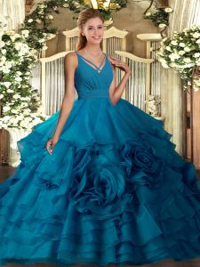 Dazzling Organza V-neck Sleeveless Side Zipper Ruffled Layers 15 Quinceanera Dress in Teal