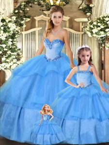 Modern Sleeveless Organza Floor Length Lace Up 15 Quinceanera Dress in Baby Blue with Beading and Ruffled Layers