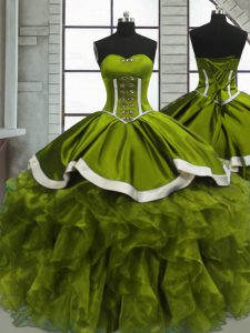 Pretty Floor Length Olive Green Sweet 16 Dress Organza Sleeveless Beading and Ruffles