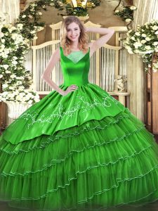 Decent Green Organza Side Zipper Ball Gown Prom Dress Sleeveless Floor Length Beading and Embroidery