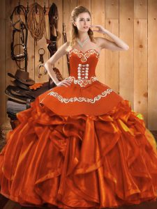 Romantic Rust Red Lace Up Quince Ball Gowns Embroidery and Ruffles Sleeveless Floor Length