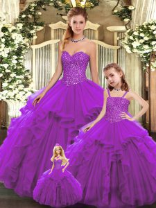 Floor Length Lace Up 15th Birthday Dress Eggplant Purple for Military Ball and Sweet 16 and Quinceanera with Beading and Ruffles